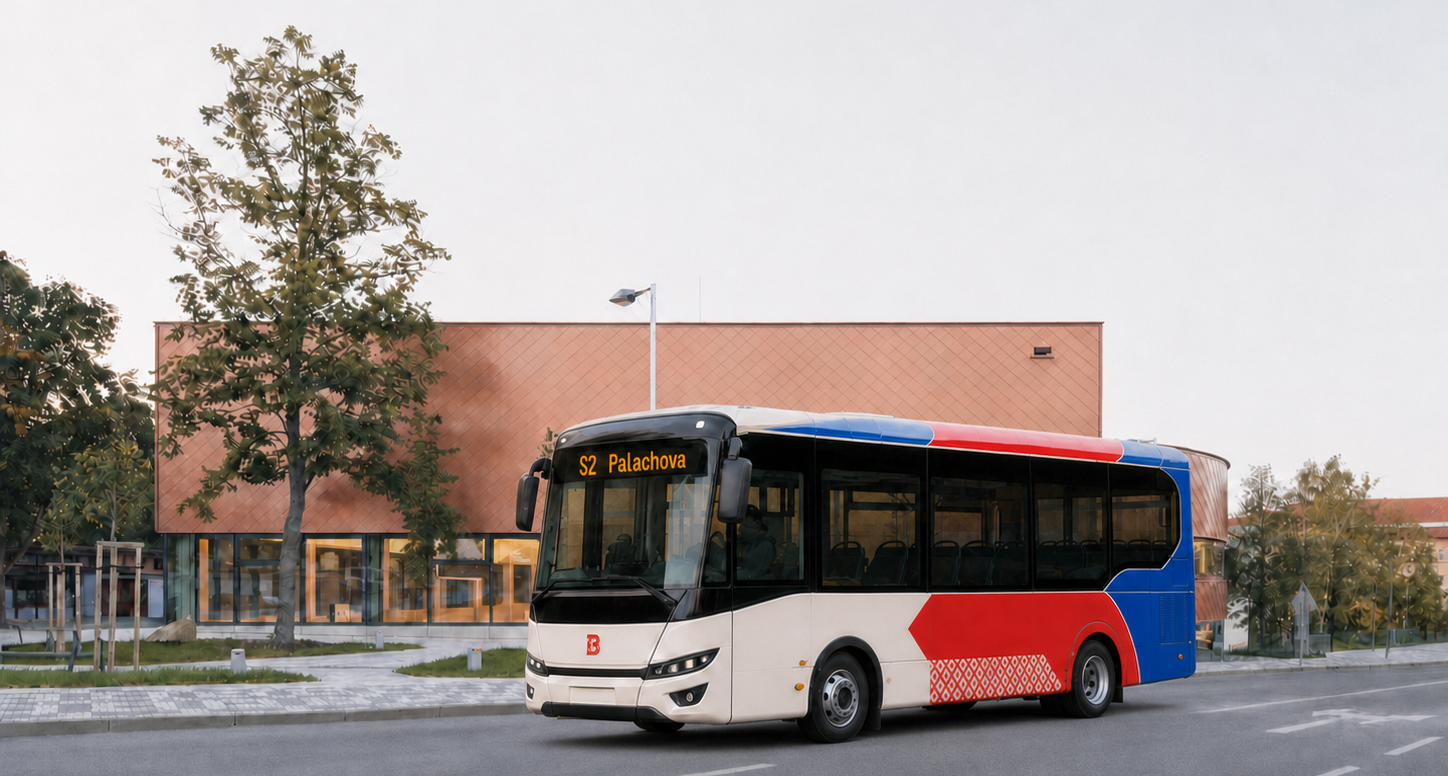 Návrh městského autobusu linky S2 Palachova ve vizuální identitě Brandýsa nad Labem-Staré Boleslavi