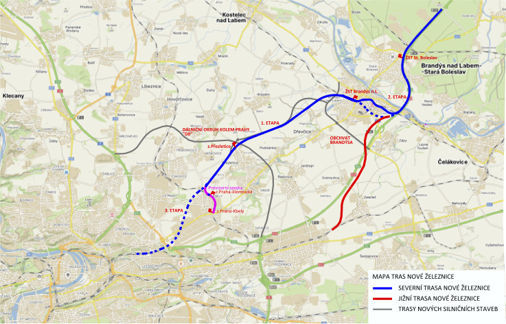 Mapa dříve uvažovaných tras vlakového spojení Praha–Brandýs